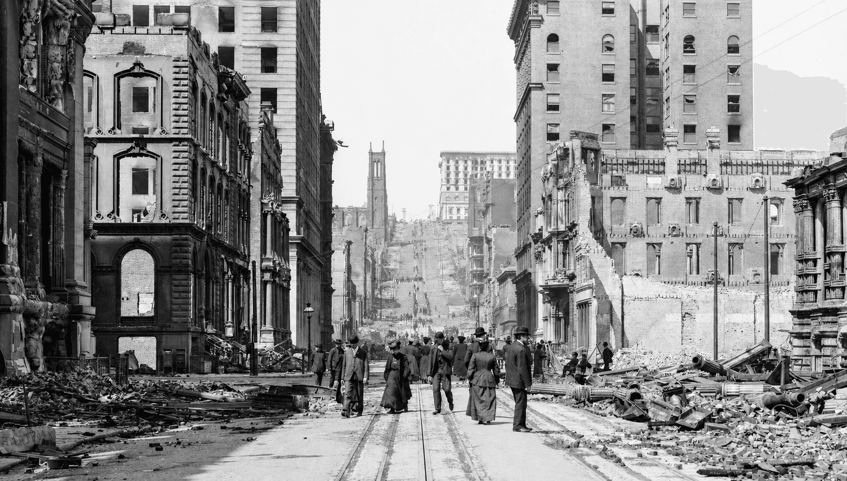 Street ruins in San Francisco after the 1906 earthquake and fire